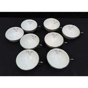 8 Syracuse China Coronet Coffee Tea Cups Creamer Gray Feathers Platinum Trim